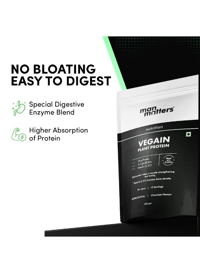 Man Matters VEGAIN Plant Protein Powder for Men | 100% Vegetarian | Made with Pea, Brown Rice, Moong Bean and Whole Algae | Gluten Free, Dairy Free & Soy Free | 500 grams - Image 1